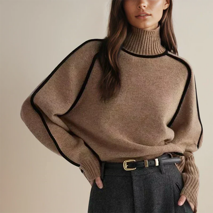 Isolde brown turtleneck sweater with contrast piping, front view