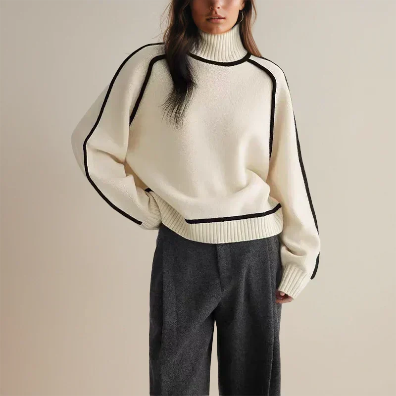 Isolde ivory turtleneck sweater with black trim, front view
