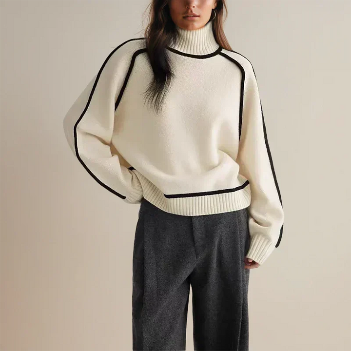 Isolde ivory turtleneck sweater with black trim, front view