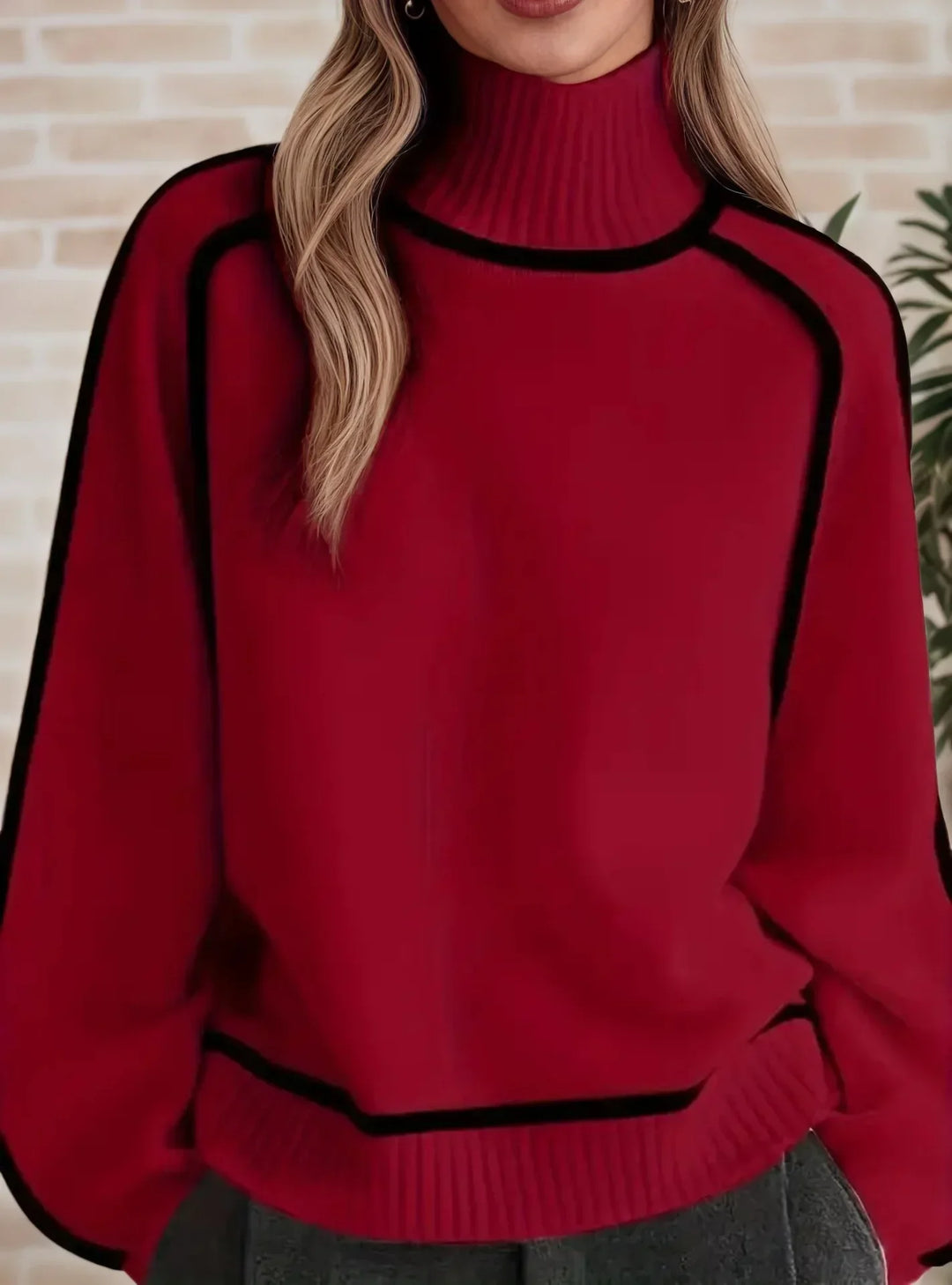 Isolde red turtleneck sweater with contrast trim, close-up front view