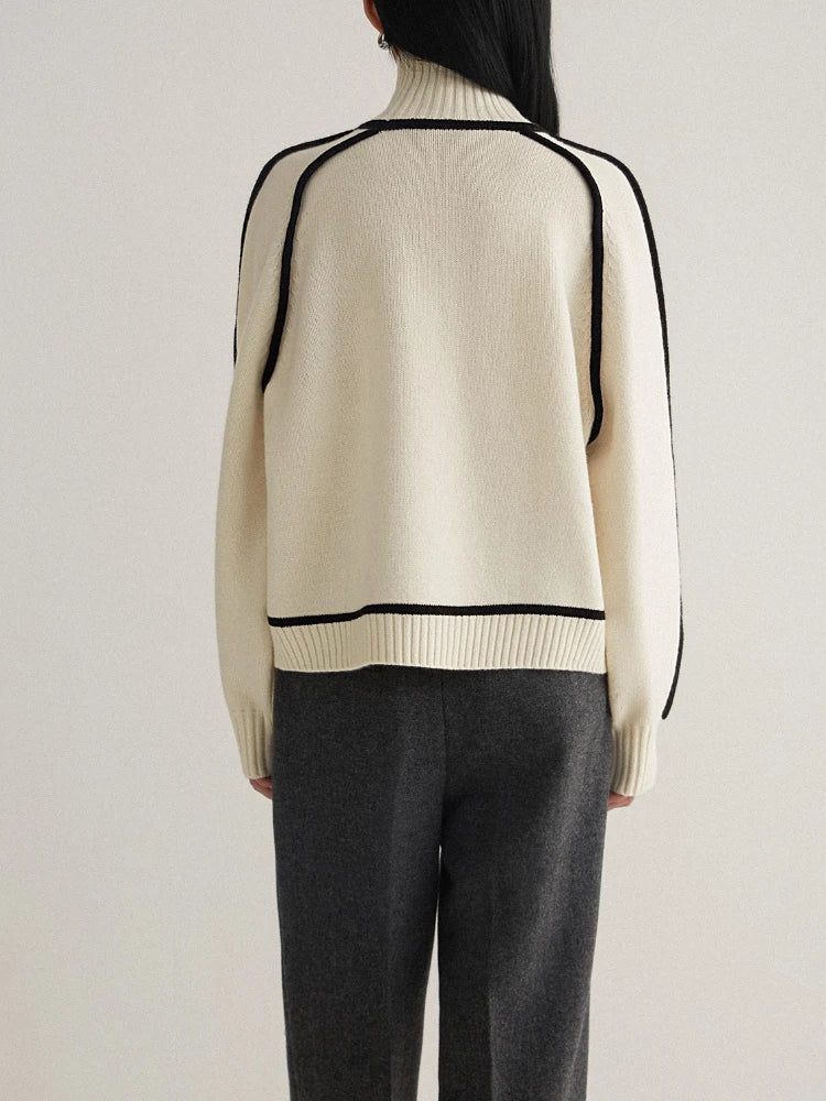 Isolde ivory turtleneck sweater with contrast trim, back view