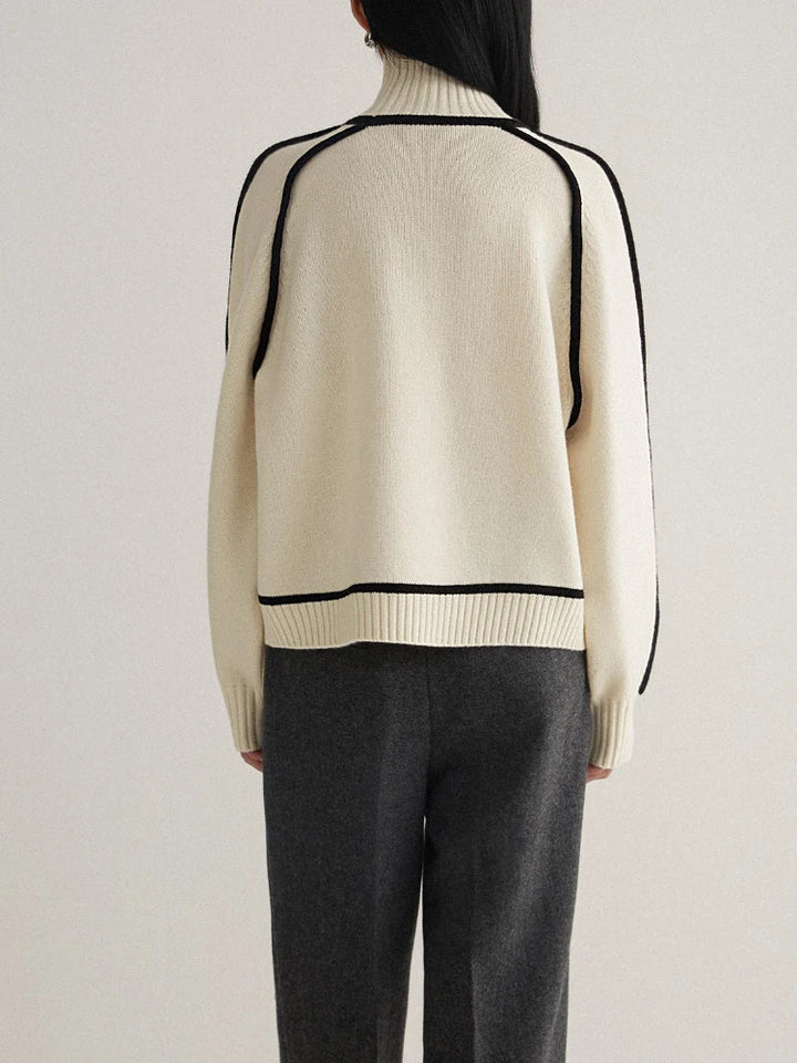Isolde ivory turtleneck sweater with contrast trim, back view