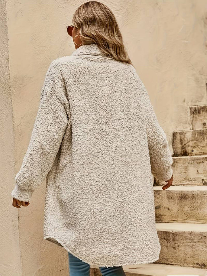 Josephine teddy coat back view showing collared neckline and longline silhouette