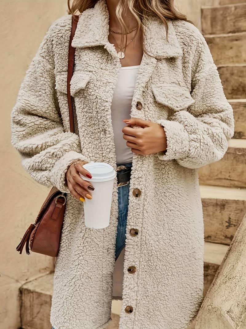 Josephine teddy coat close-up of button-down front and flap chest pockets