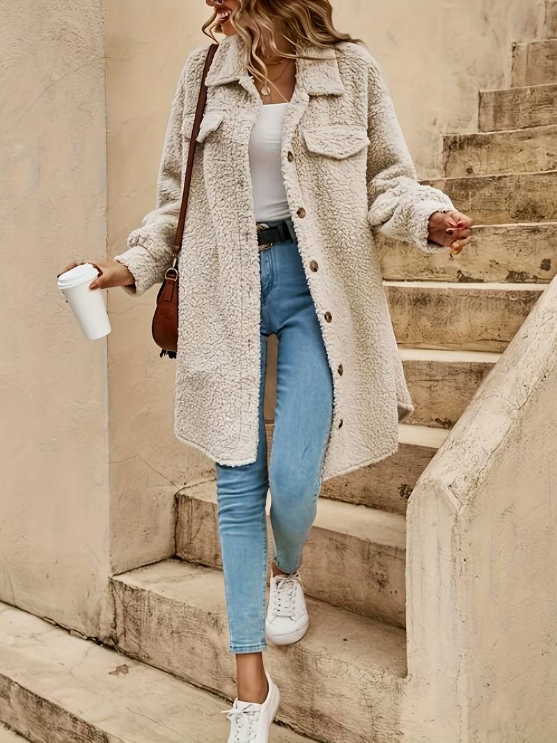 Josephine teddy coat full front view styled with jeans and sneakers