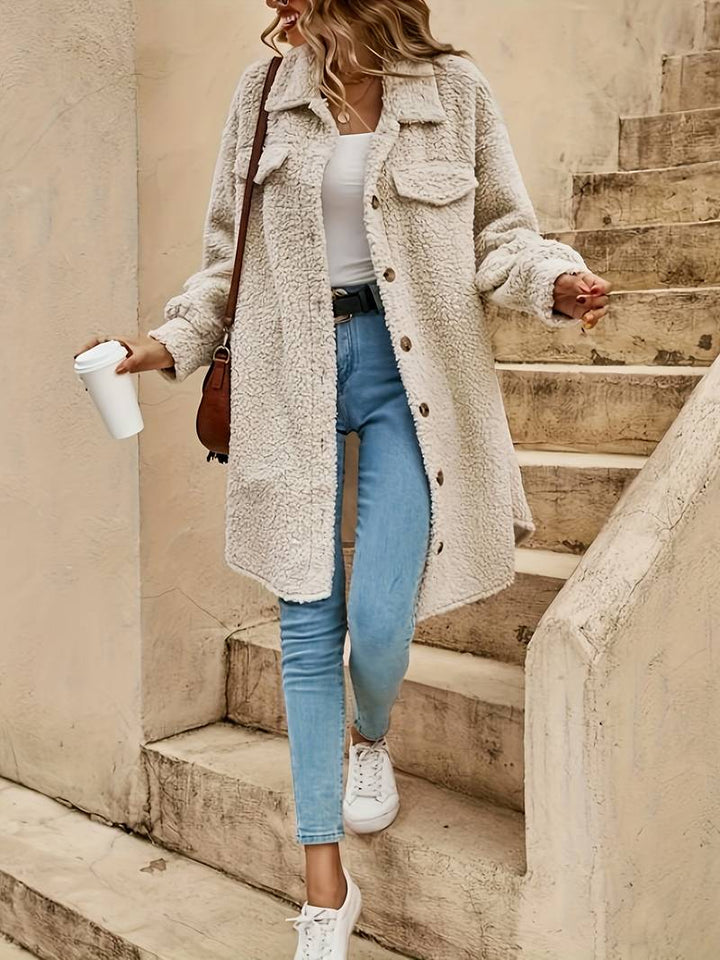 Josephine teddy coat full front view styled with jeans and sneakers