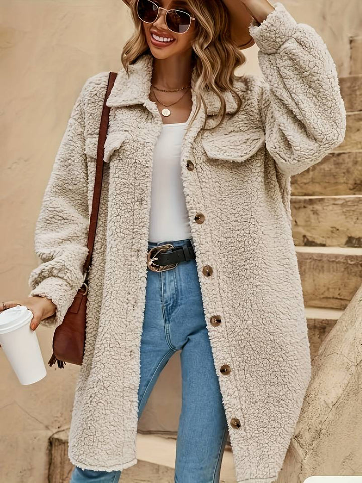 Josephine teddy coat oversized fit styled with sunglasses and crossbody bag