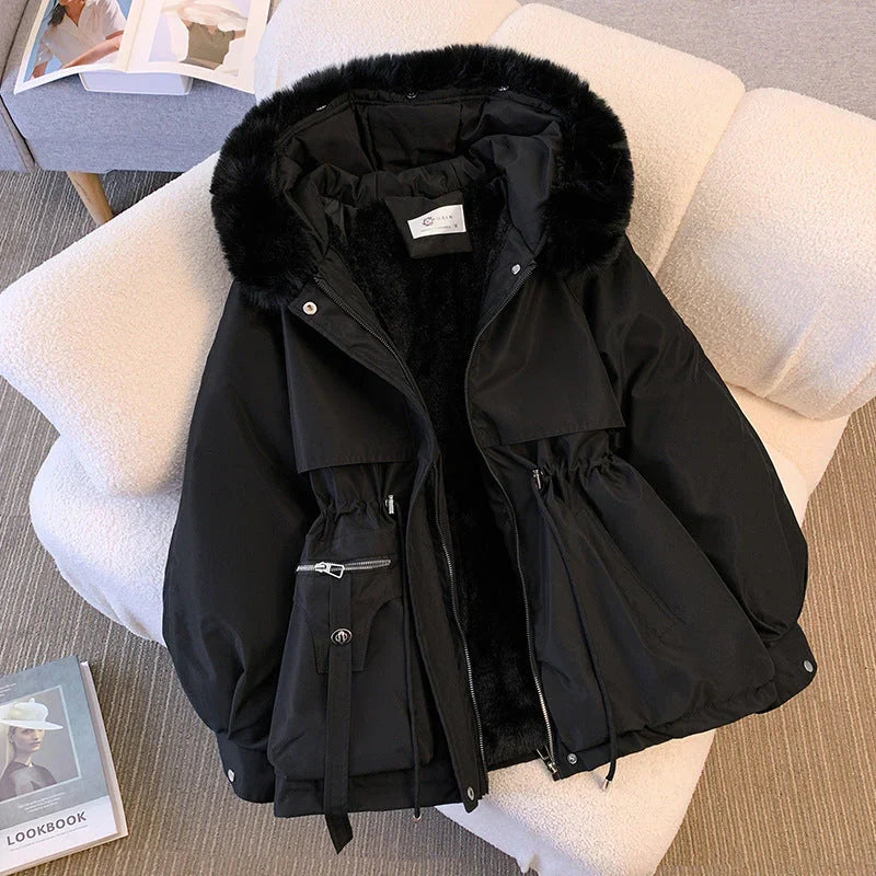 Josephine black fur hood belted winter jacket, front view