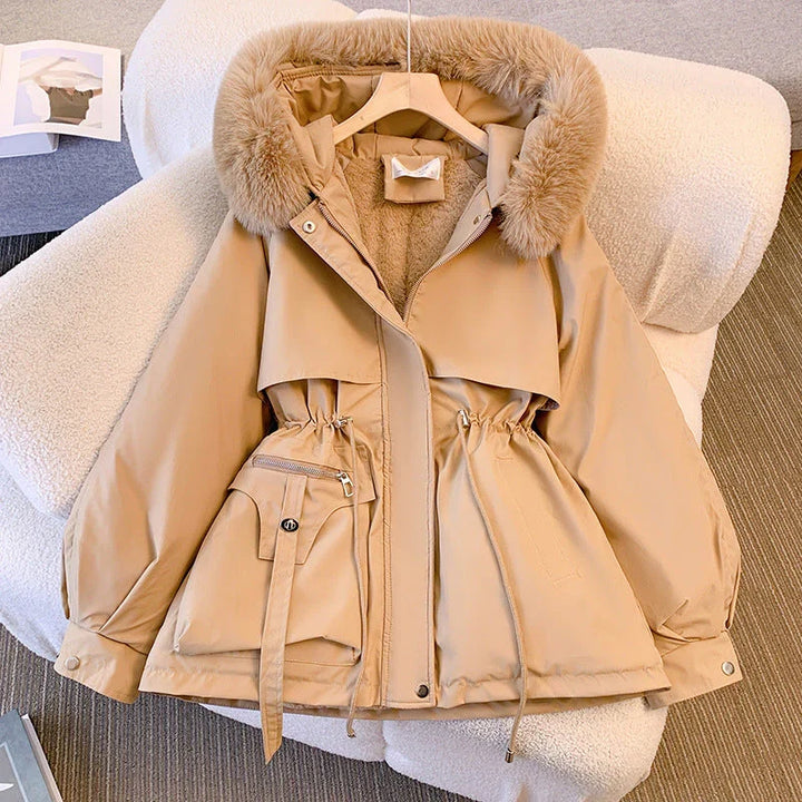 Josephine khaki fur hood winter jacket on hanger