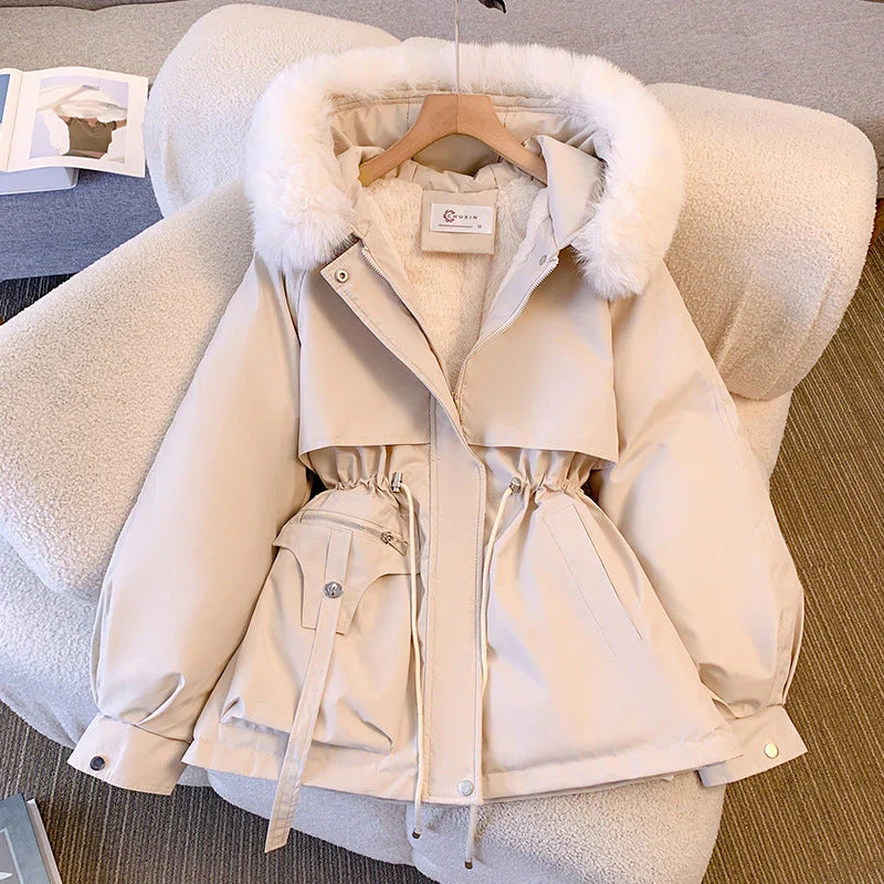 Josephine white fur hood belted winter coat, front view