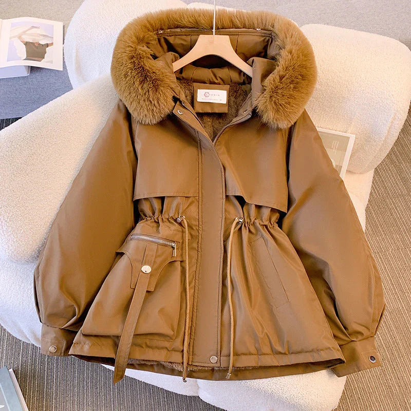 Josephine brown fur hood belted winter jacket, front view