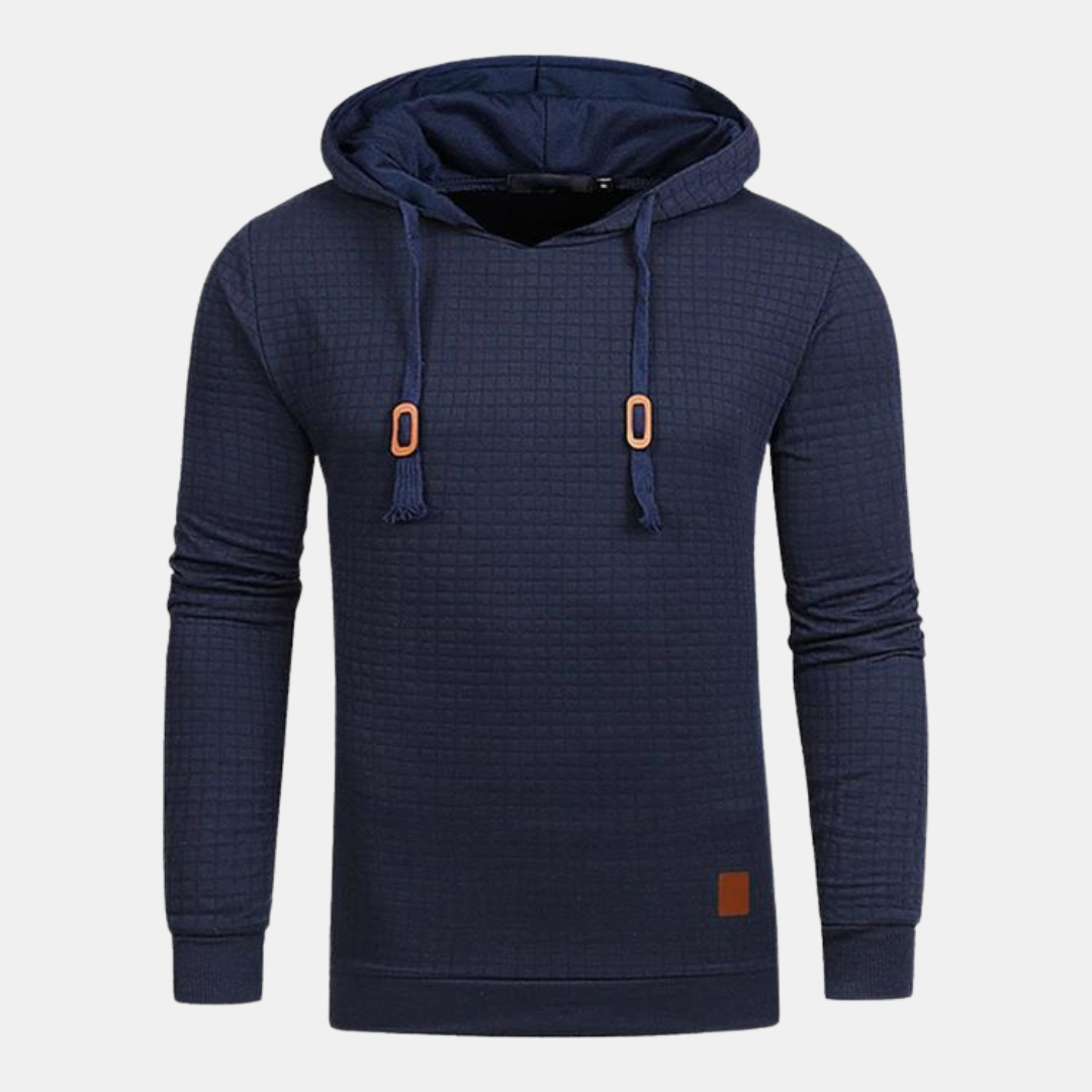 Julian navy blue textured knit pullover hoodie with drawstring hood, front view