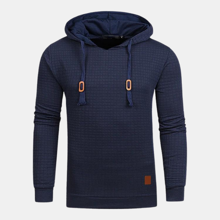 Julian navy blue textured knit pullover hoodie with drawstring hood, front view