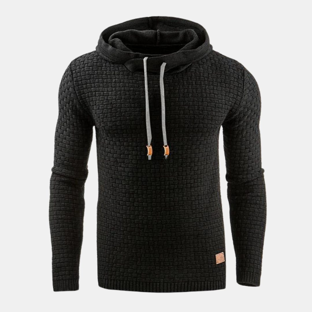 Julian black textured knit pullover hoodie with drawstring hood, front view