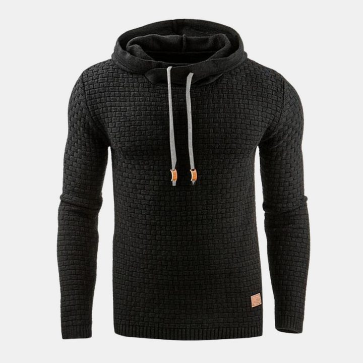 Julian black textured knit pullover hoodie with drawstring hood, front view