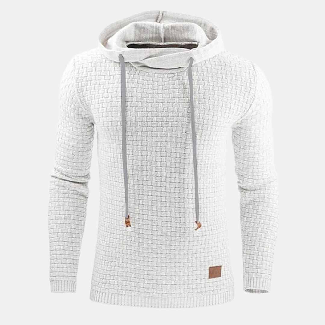Julian white textured knit pullover hoodie with drawstring hood, front view