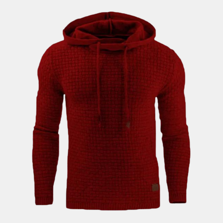 Julian white textured knit pullover hoodie with drawstring hood, front view