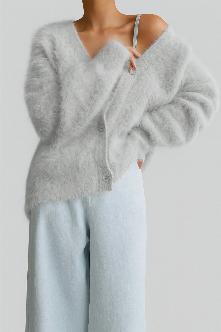 Juliette fuzzy V-neck button down cardigan in light gray, close-up front view