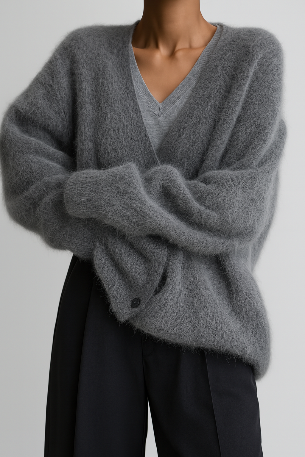 Juliette fuzzy V-neck cardigan in charcoal gray with arms crossed, front view