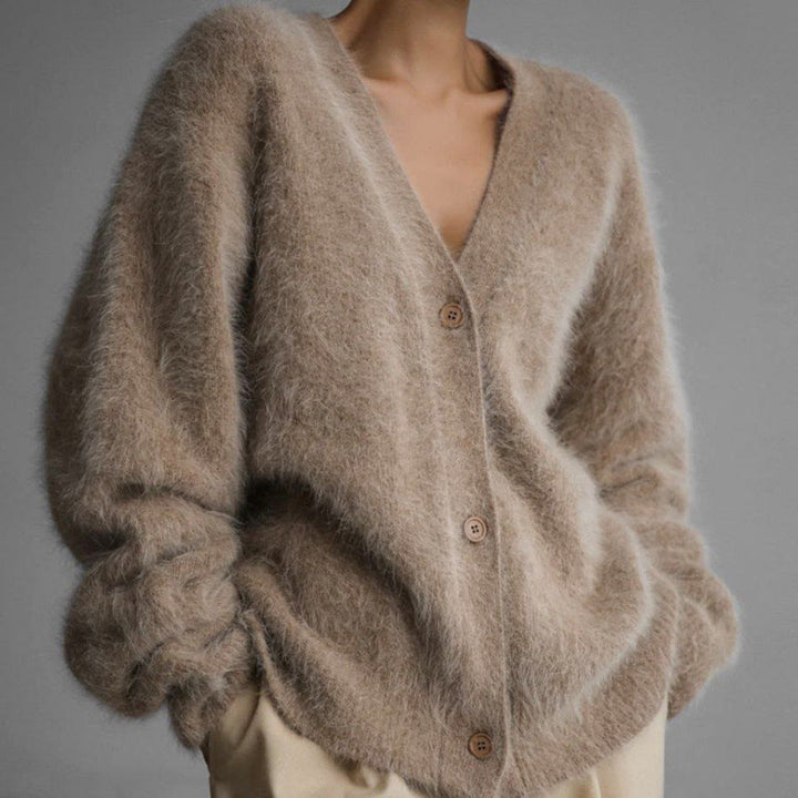 Juliette fuzzy V-neck button down cardigan in taupe, front view with buttons detail