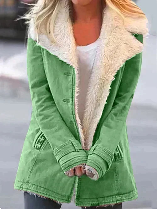 Juniper shearling collar winter jacket in green, front view
