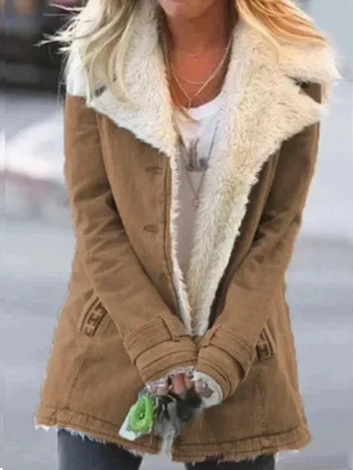 Juniper shearling collar winter jacket in brown, front view