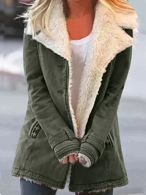 Juniper shearling collar winter jacket in army green, front view