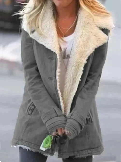 Juniper shearling collar winter jacket in gray, front view