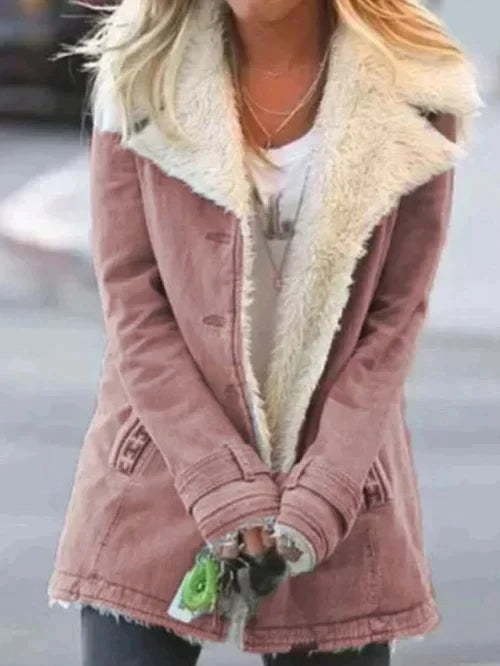 Juniper shearling collar winter jacket in pink, front view