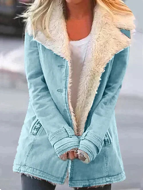 Juniper shearling collar winter jacket in blue, front view