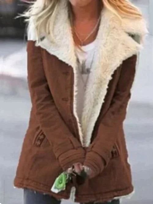 Juniper shearling collar winter jacket in brown, close-up front view