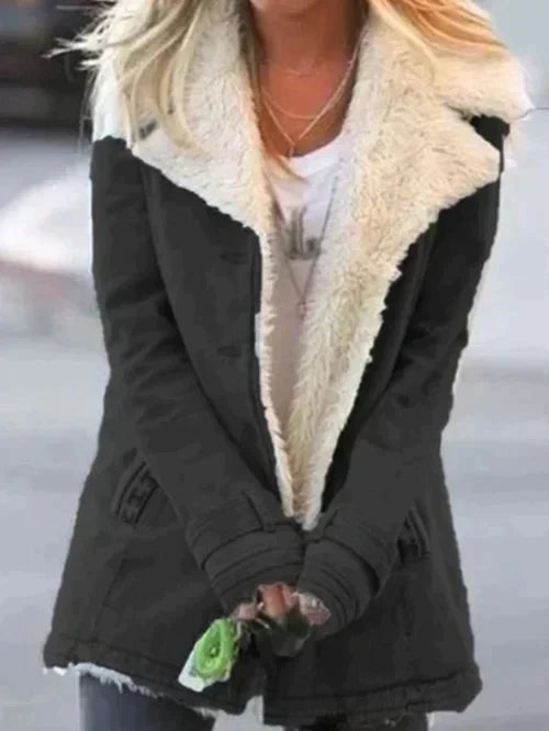 Juniper shearling collar winter jacket in black, front view