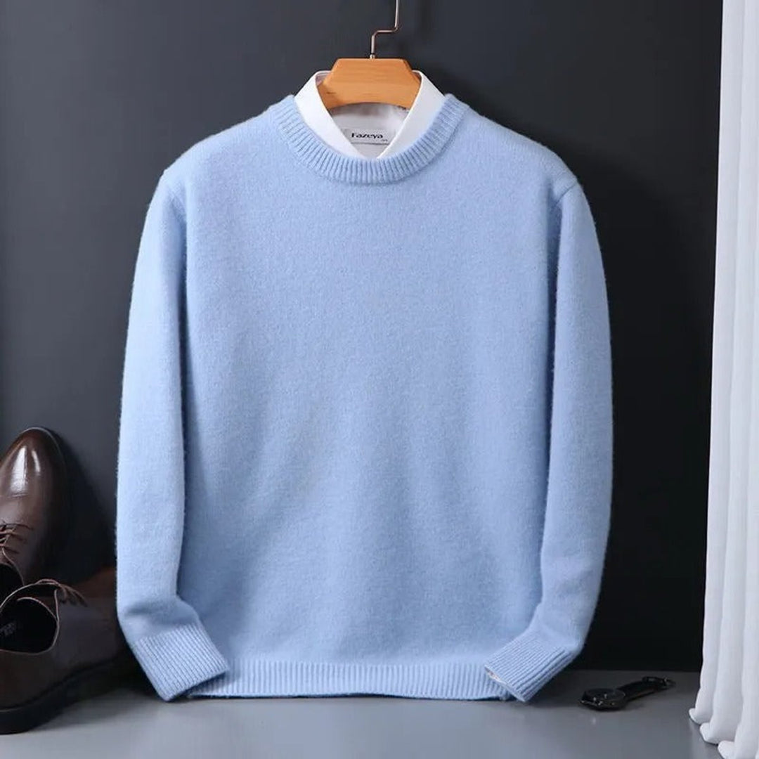 Leonard soft crew neck knit sweater on hanger, front view