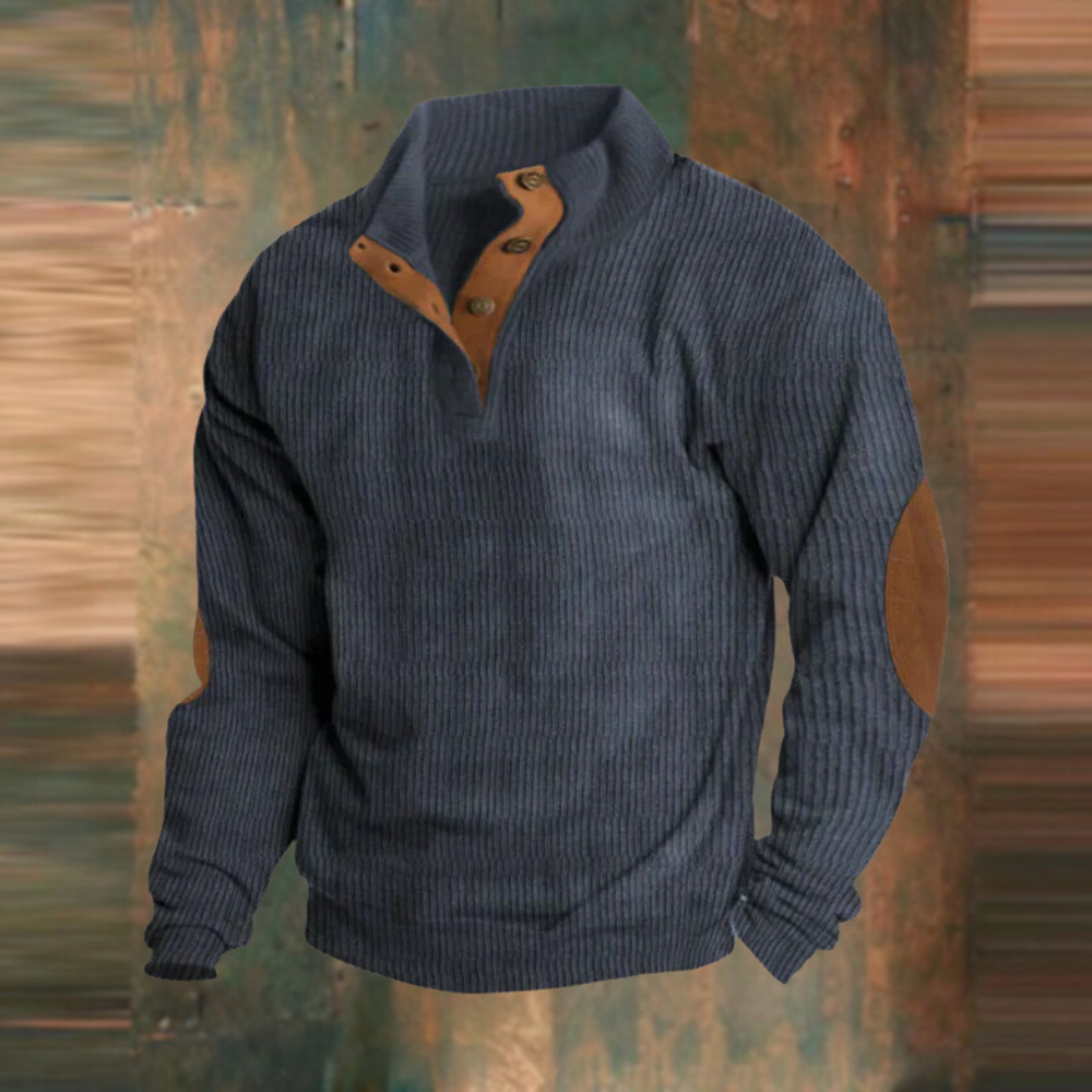 Marcus ribbed button collar sweater in navy blue, front view