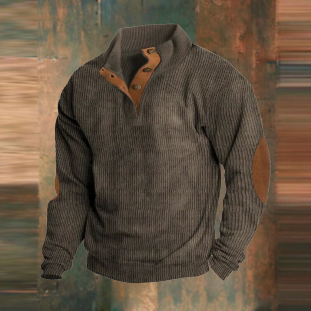 Marcus ribbed button collar sweater in gray, front view