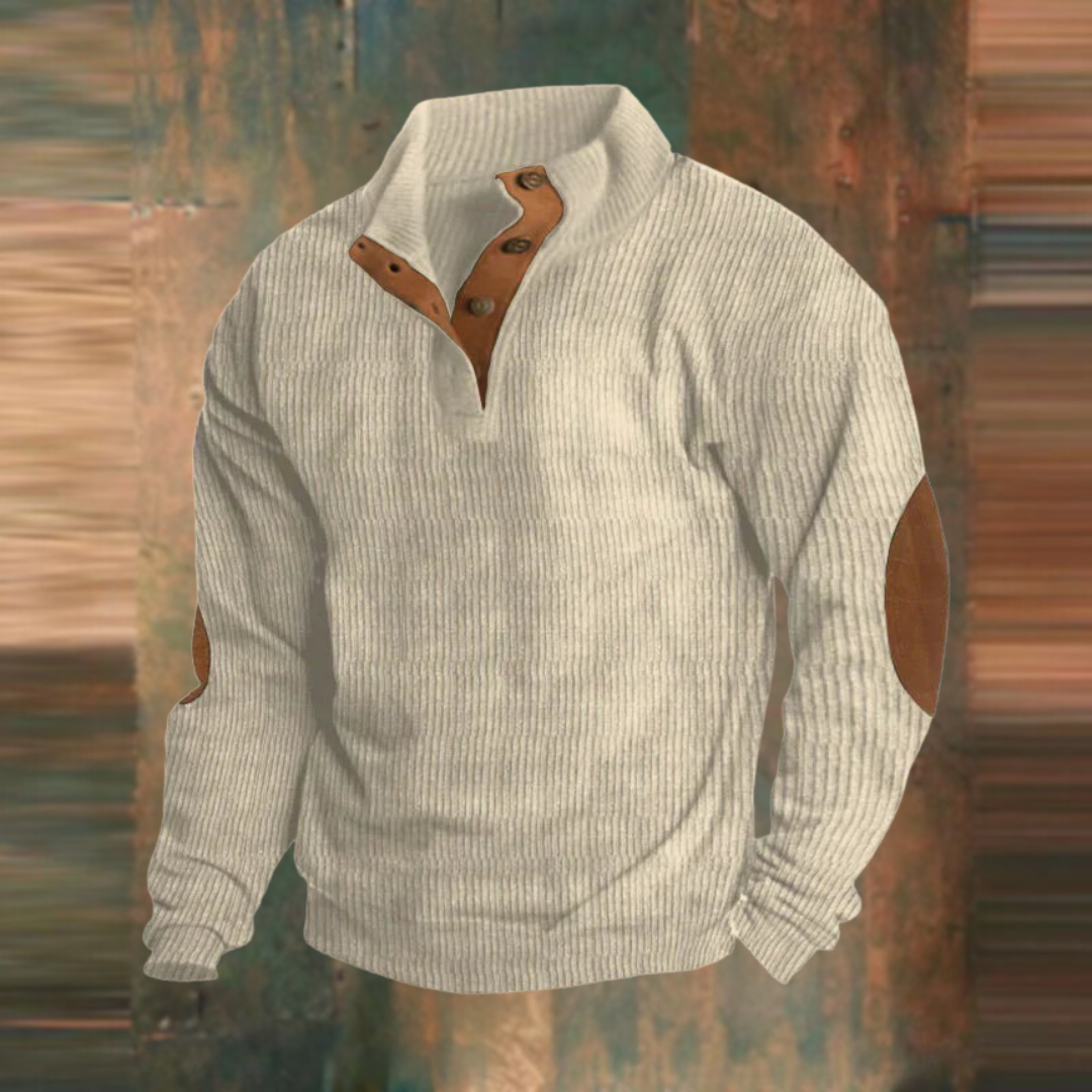 Marcus ribbed button collar sweater in beige, front view