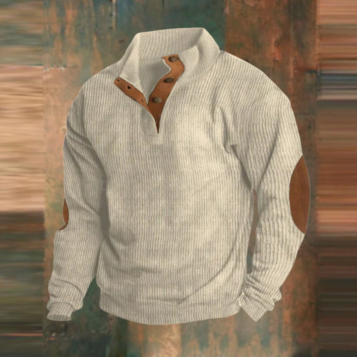 Marcus ribbed button collar sweater in beige, front view