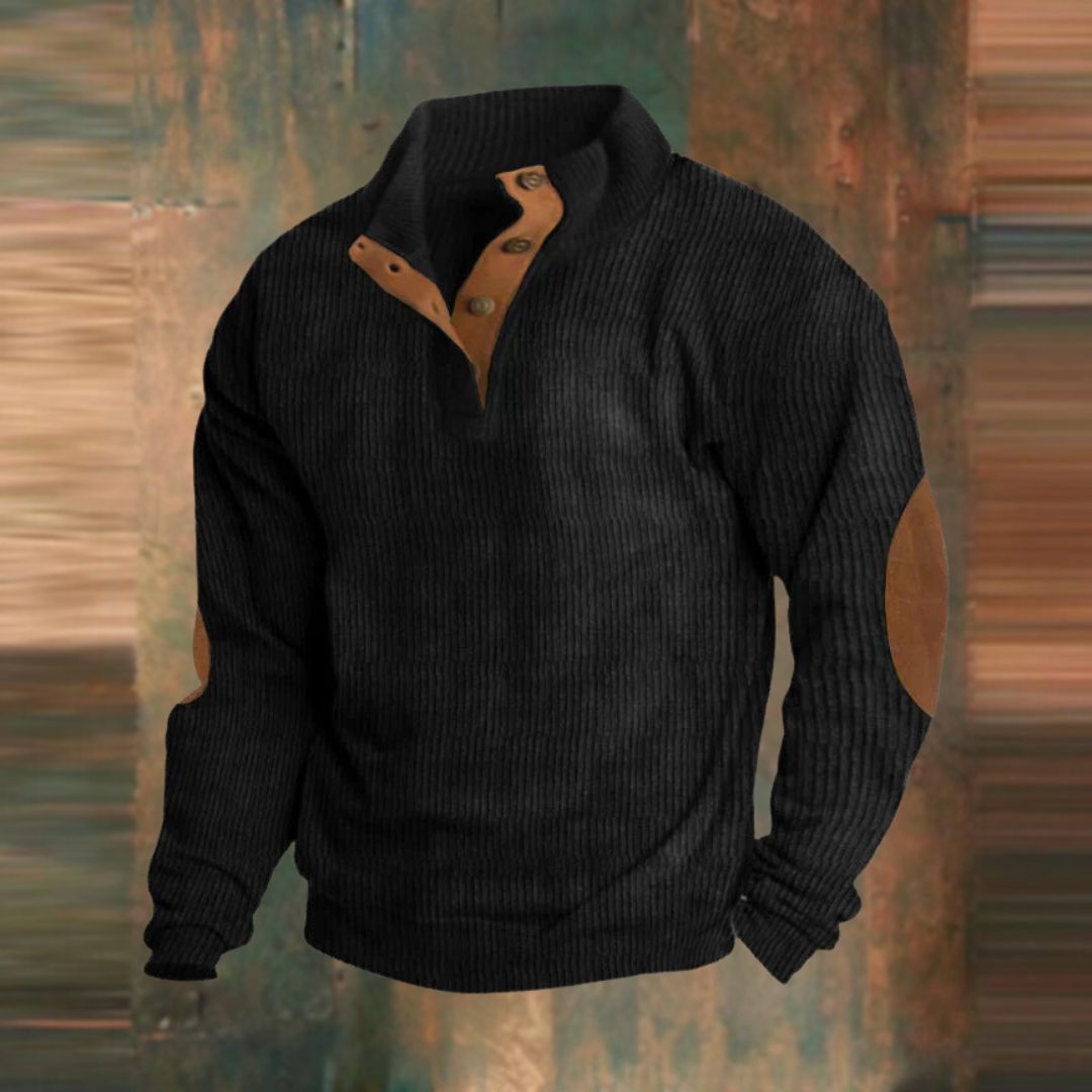 Marcus ribbed button collar sweater in black, front view