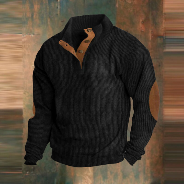 Marcus ribbed button collar sweater in black, front view