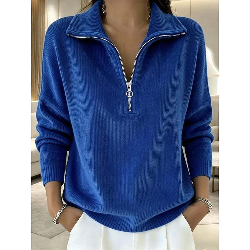 Margot half-zip stand collar ribbed pullover in blue, front view
