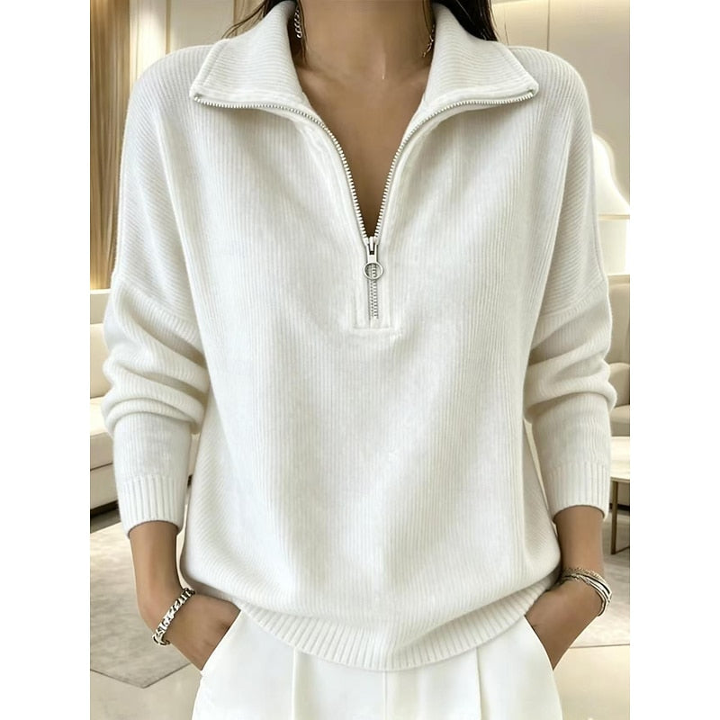 Margot half-zip stand collar ribbed pullover in white, front view