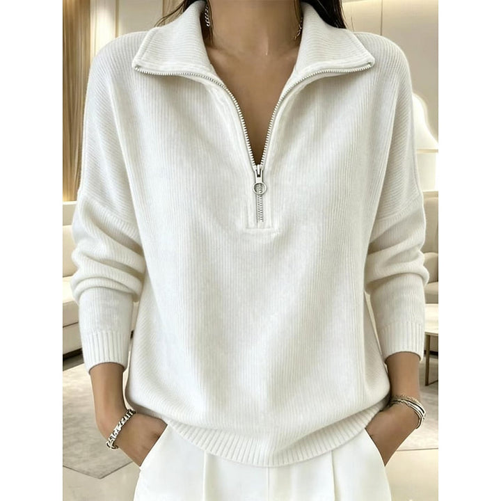 Margot half-zip stand collar ribbed pullover in white, front view