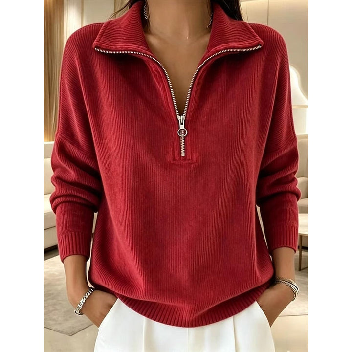 Margot half-zip stand collar ribbed pullover in red, front view