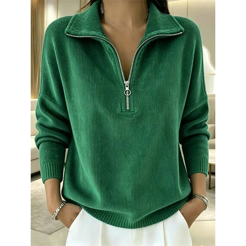 Margot half-zip stand collar ribbed pullover in green, front view