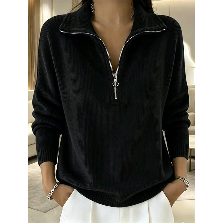 Margot half-zip stand collar ribbed pullover in black, front view