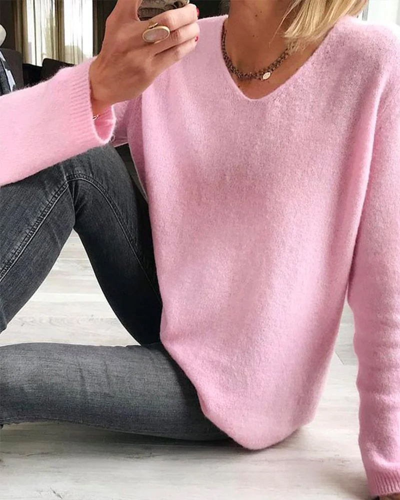 Margot v-neck long sleeve sweater in pink, front view close-up