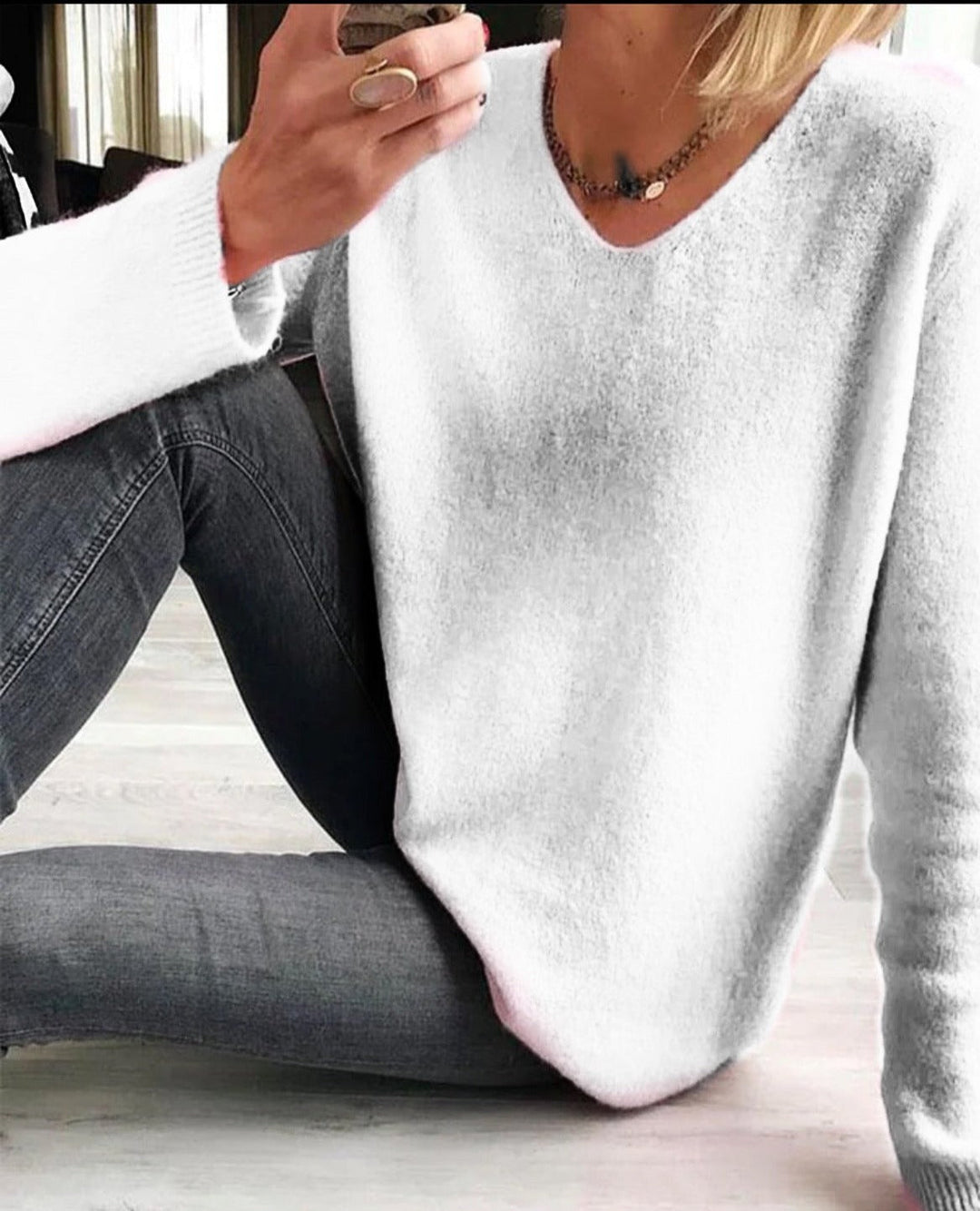 Margot v-neck long sleeve sweater in white, close-up view