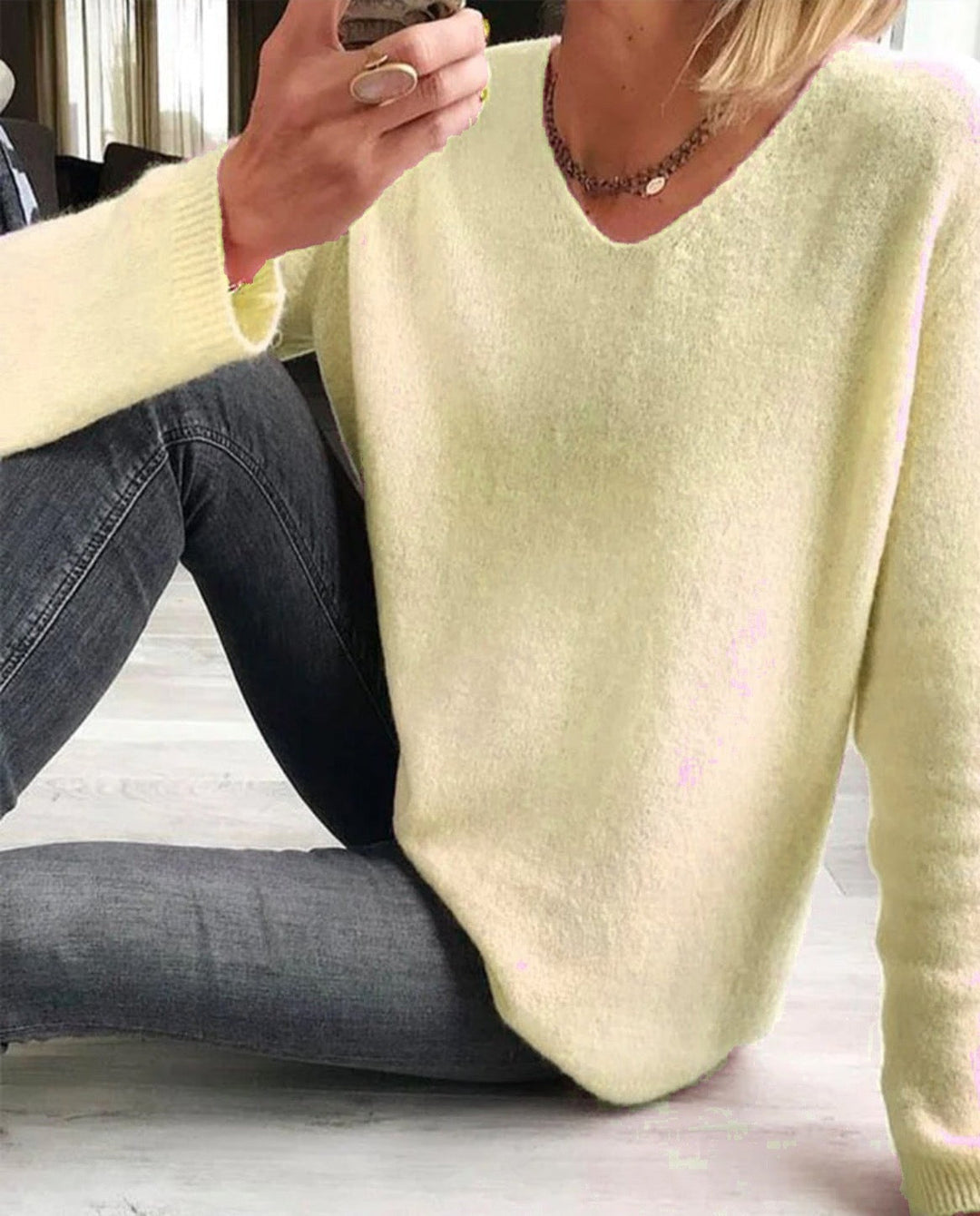 Margot v-neck long sleeve sweater in pale yellow, close-up view