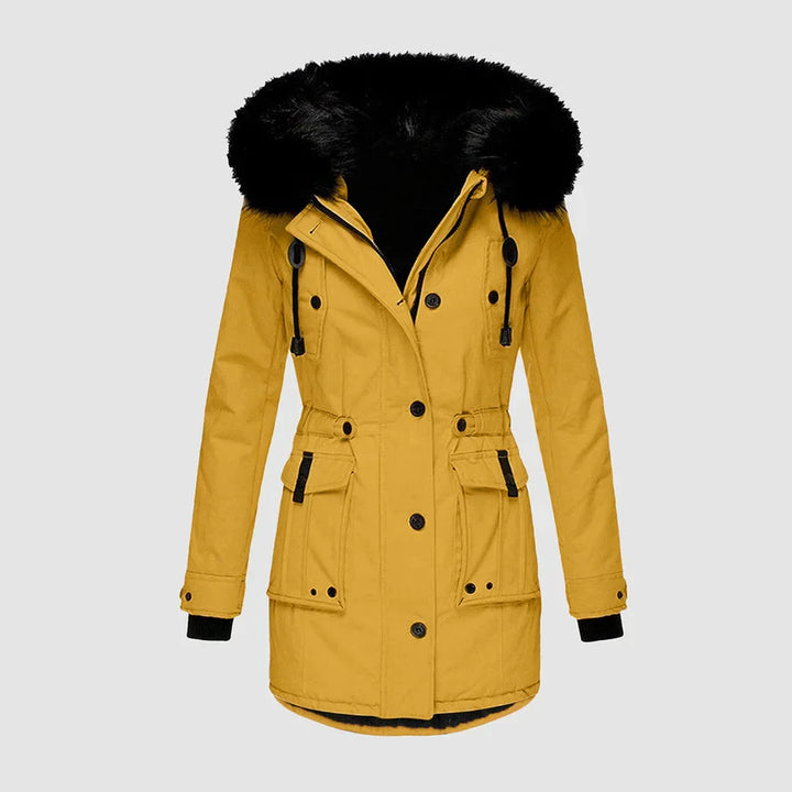 Marguerite yellow faux fur hood parka winter jacket, front view