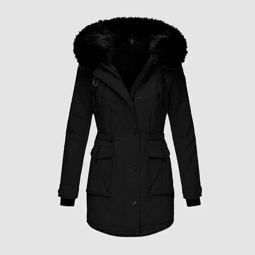 Marguerite black faux fur hood parka winter jacket, front view